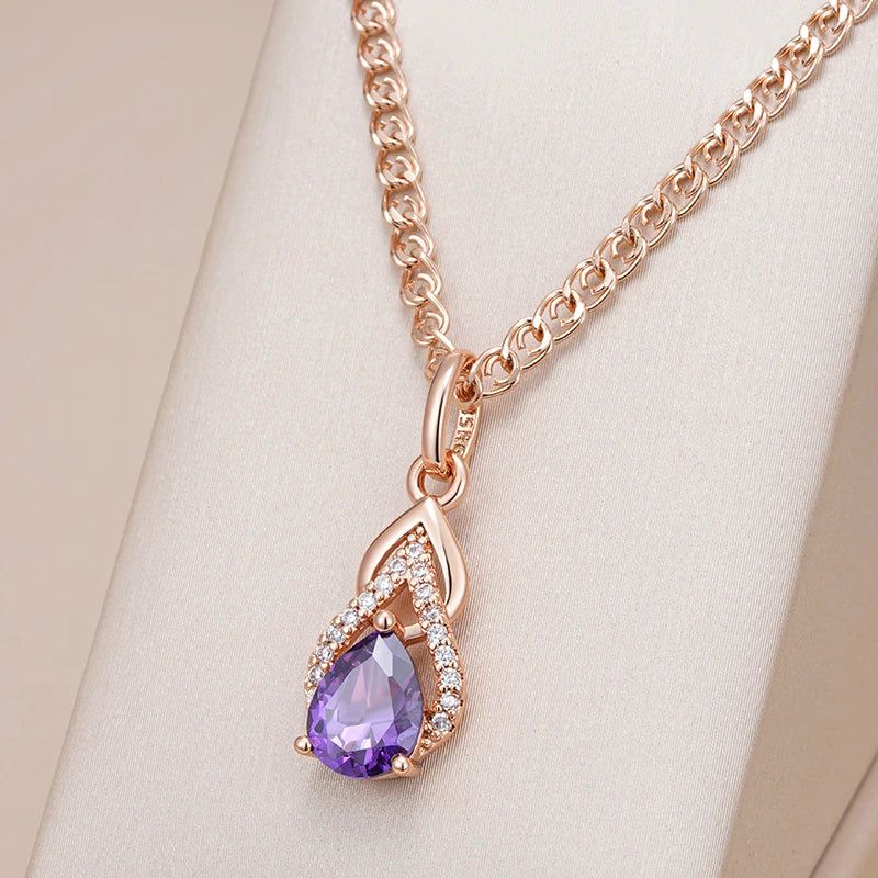 Stylish Vintage Purple Zircon Water Drop Pendant Necklace in 585 Rose Gold