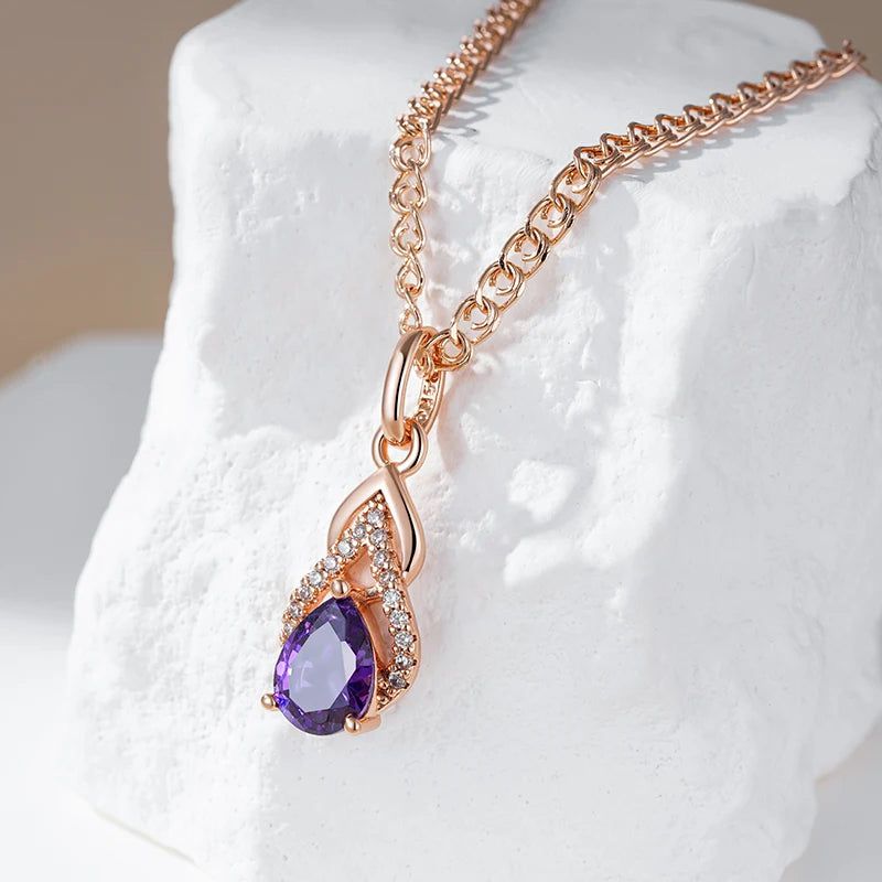 Stylish Vintage Purple Zircon Water Drop Pendant Necklace in 585 Rose Gold