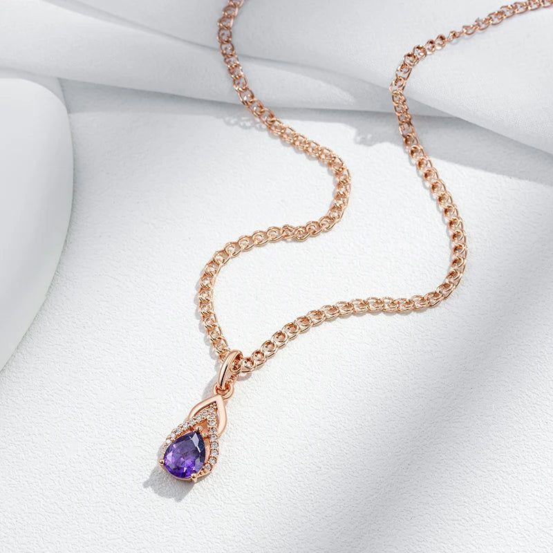 Stylish Vintage Purple Zircon Water Drop Pendant Necklace in 585 Rose Gold