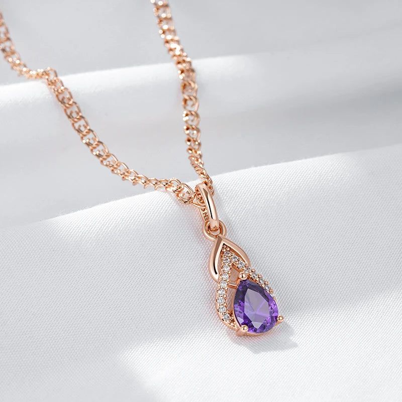 Stylish Vintage Purple Zircon Water Drop Pendant Necklace in 585 Rose Gold