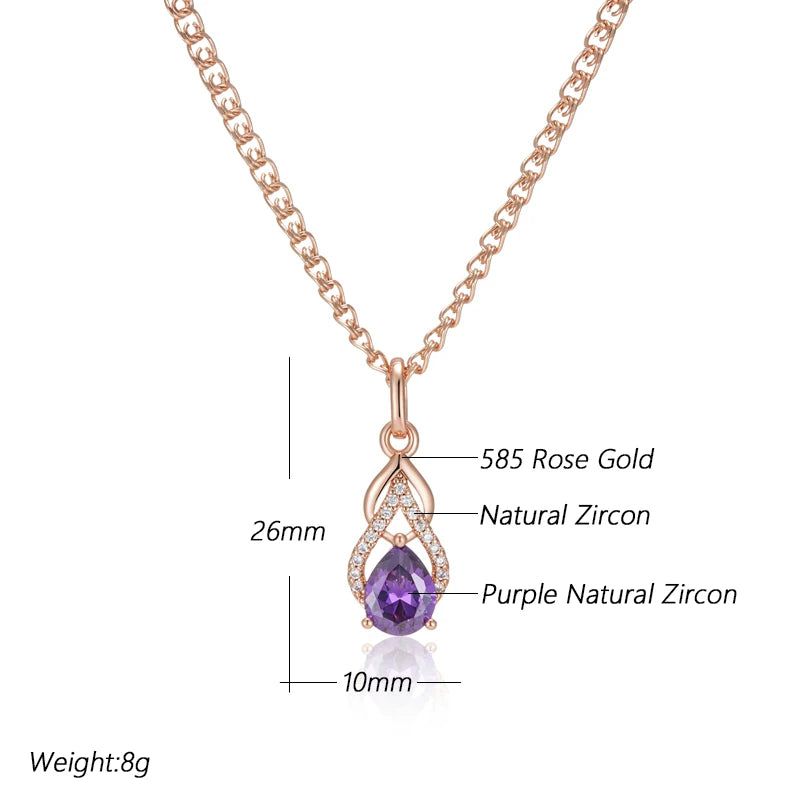 Stylish Vintage Purple Zircon Water Drop Pendant Necklace in 585 Rose Gold