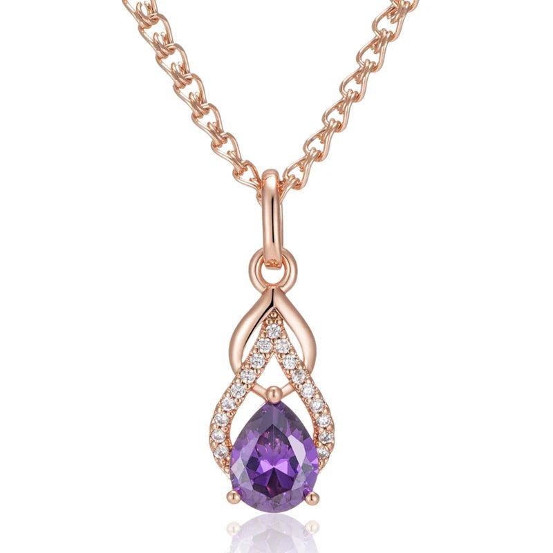 Stylish Vintage Purple Zircon Water Drop Pendant Necklace in 585 Rose Gold