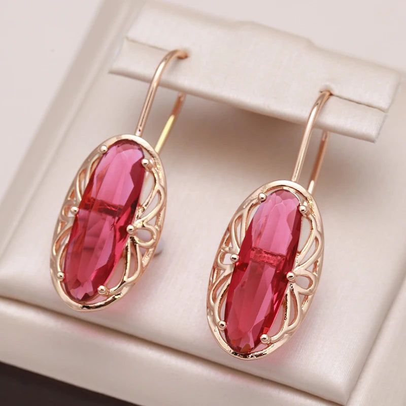 Stylish Vintage Red Zircon Drop Earrings in Rose Gold with Hollow Flower Design