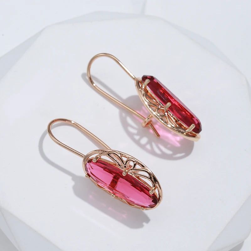 Stylish Vintage Red Zircon Drop Earrings in Rose Gold with Hollow Flower Design