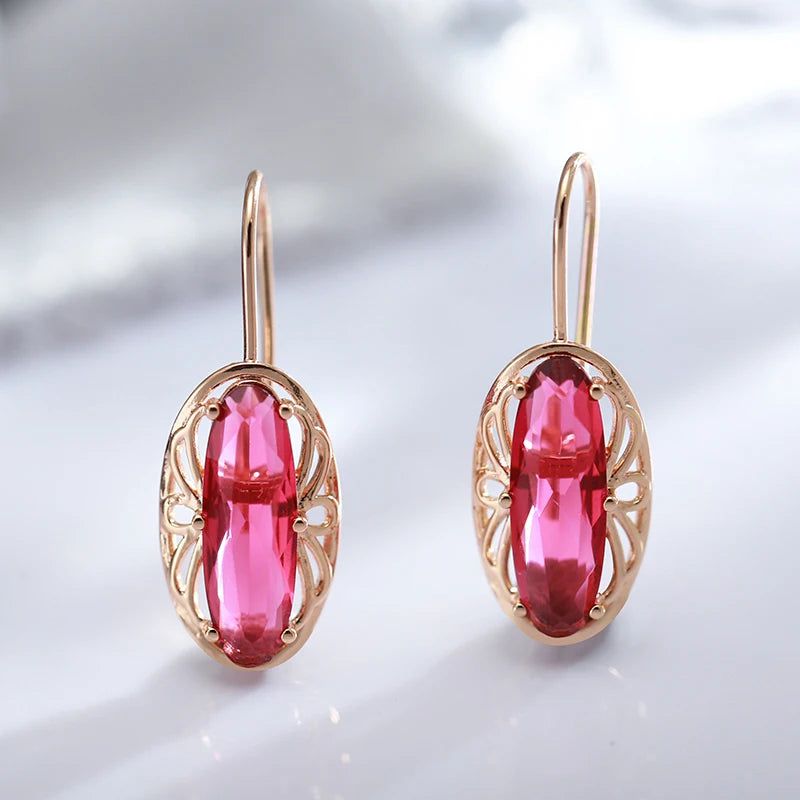 Stylish Vintage Red Zircon Drop Earrings in Rose Gold with Hollow Flower Design