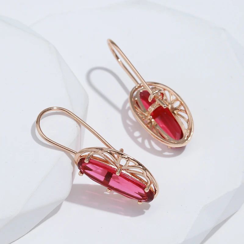 Stylish Vintage Red Zircon Drop Earrings in Rose Gold with Hollow Flower Design