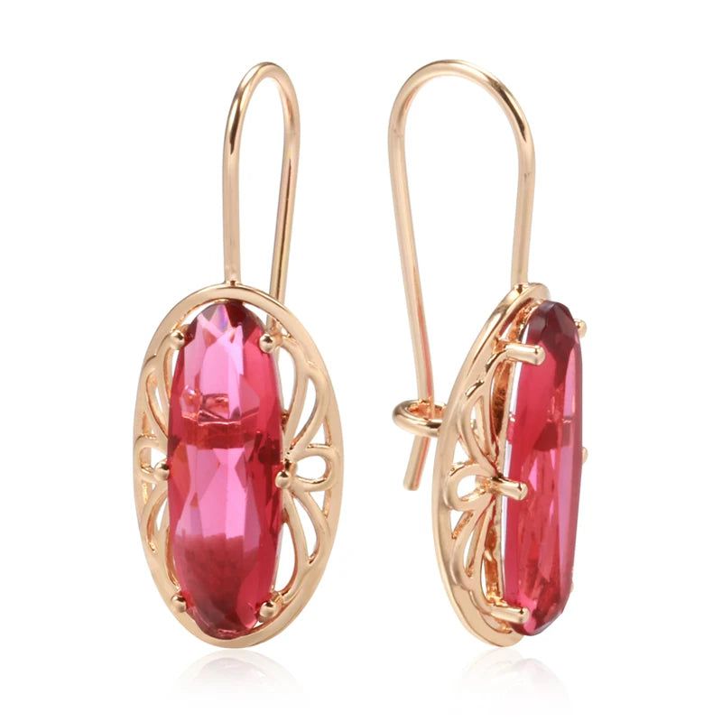 Stylish Vintage Red Zircon Drop Earrings in Rose Gold with Hollow Flower Design