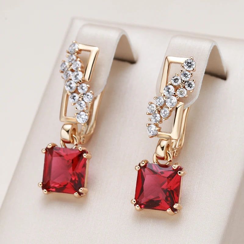 Stylish Vintage Red Zircon Square Drop Earrings in 585 Rose Gold Tone