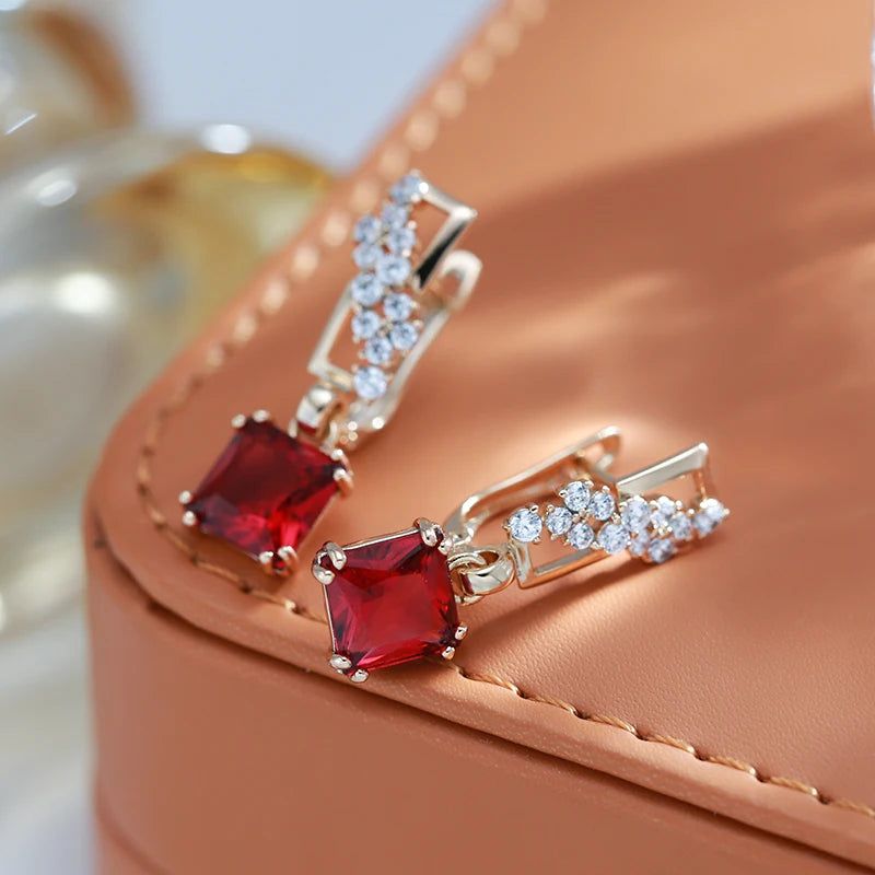 Stylish Vintage Red Zircon Square Drop Earrings in 585 Rose Gold Tone