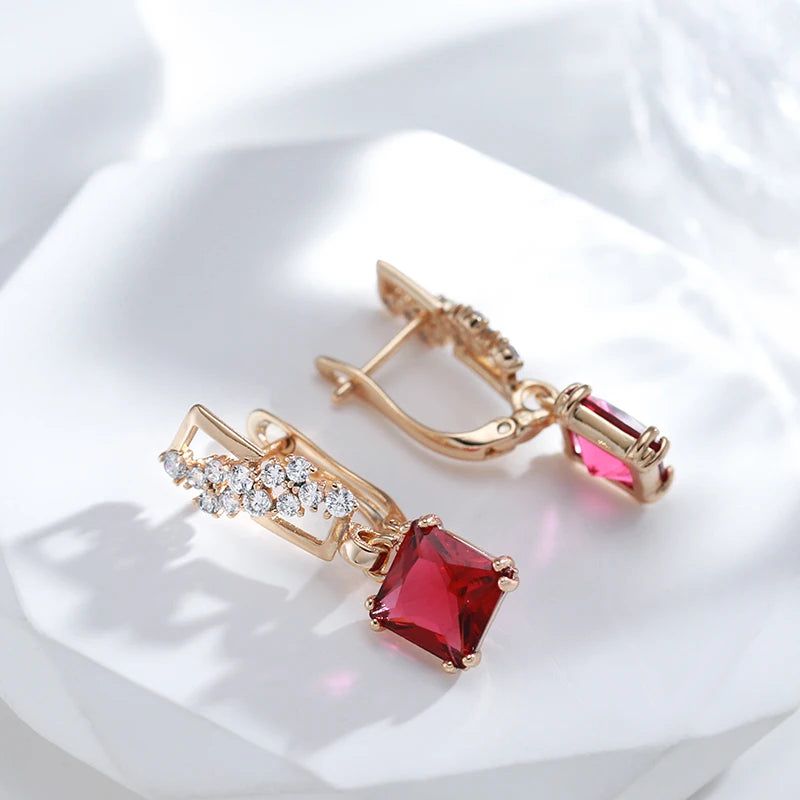 Stylish Vintage Red Zircon Square Drop Earrings in 585 Rose Gold Tone