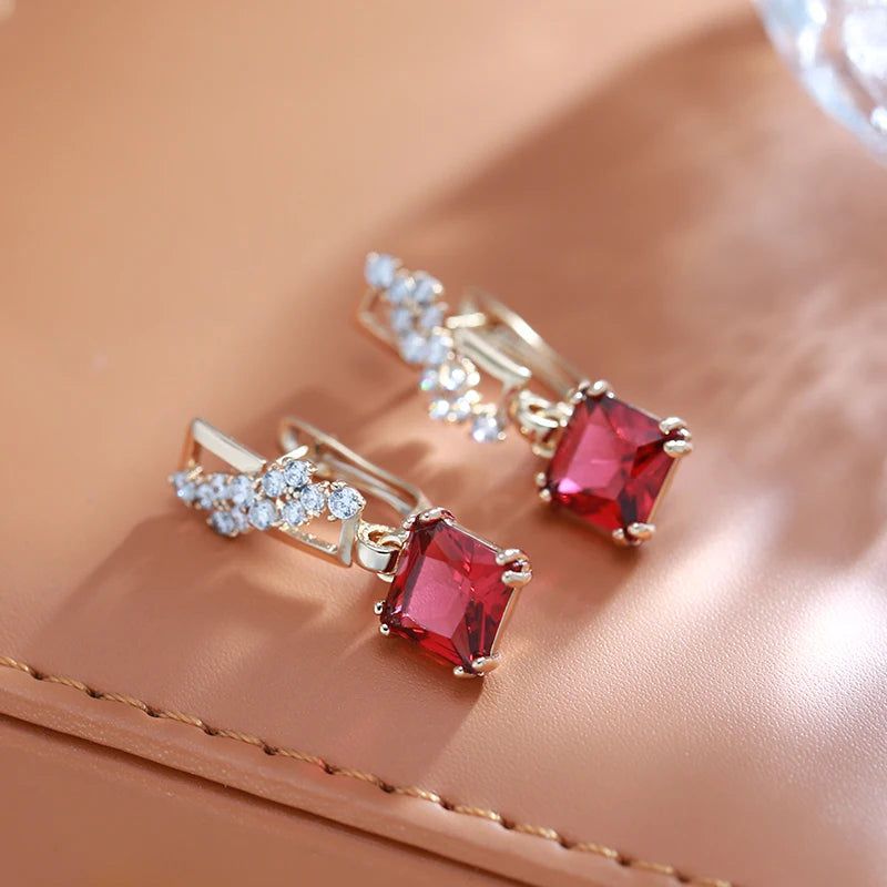 Stylish Vintage Red Zircon Square Drop Earrings in 585 Rose Gold Tone