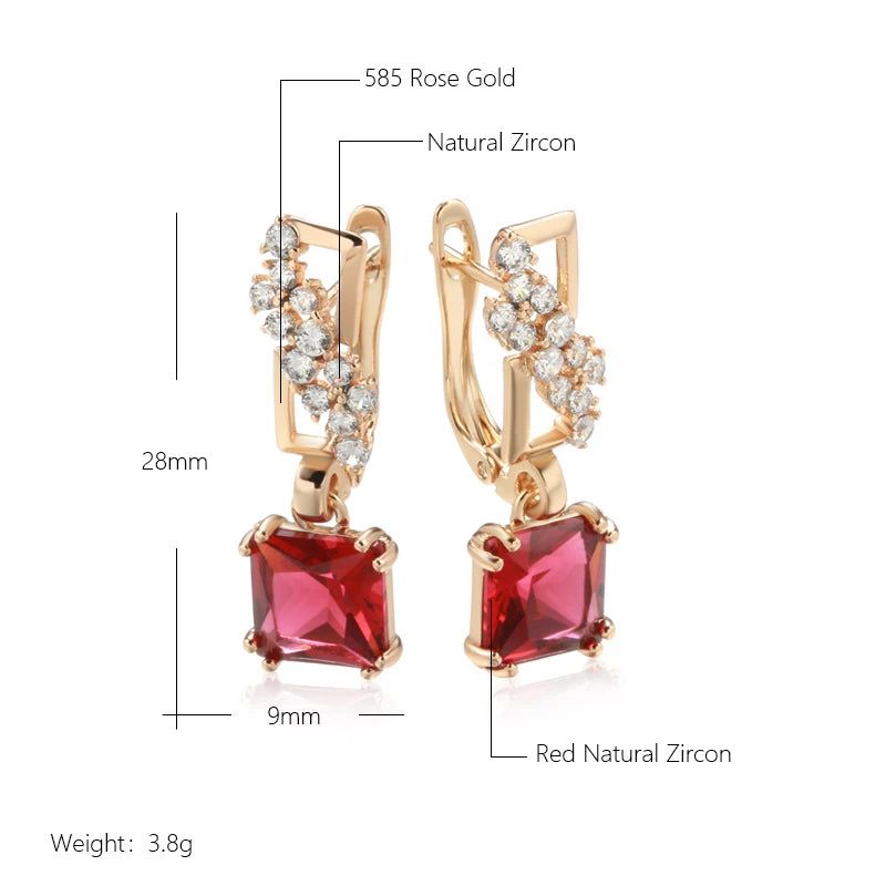 Stylish Vintage Red Zircon Square Drop Earrings in 585 Rose Gold Tone