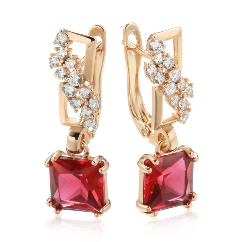 Stylish Vintage Red Zircon Square Drop Earrings in 585 Rose Gold Tone