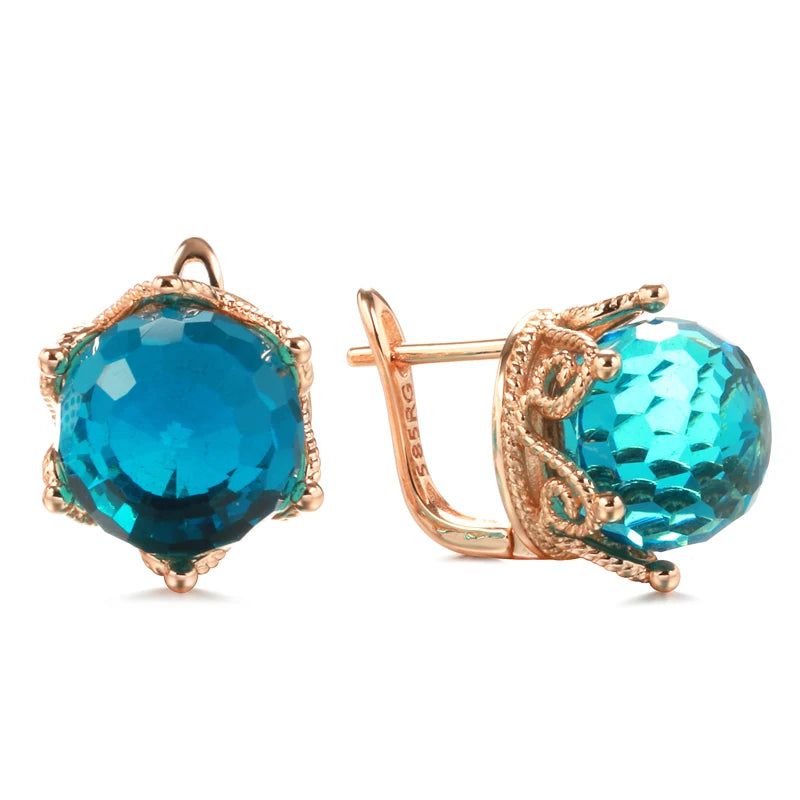 Stylish Vintage Rose Gold Crown Drop Earrings with Blue Natural Zircon Baubles