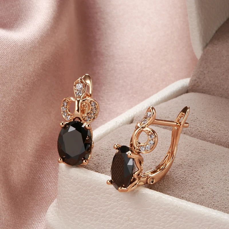 Stylish Vintage Rose Gold Crown Earrings with Black Natural Zircon