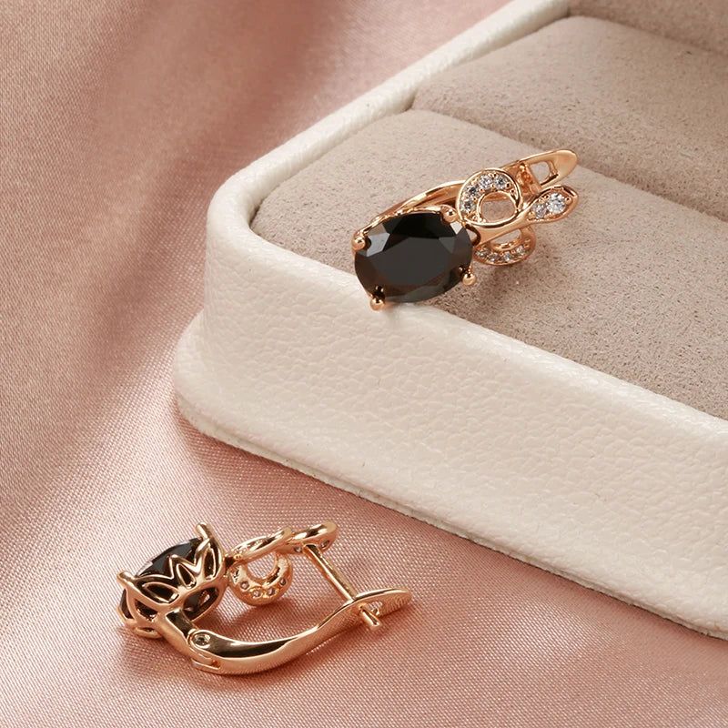 Stylish Vintage Rose Gold Crown Earrings with Black Natural Zircon