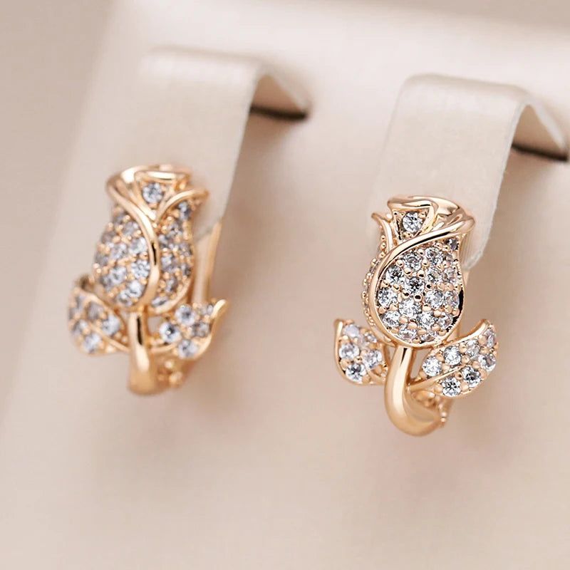 Stylish Vintage Rose Gold Crystal Flower Drop Earrings with Natural Zircon