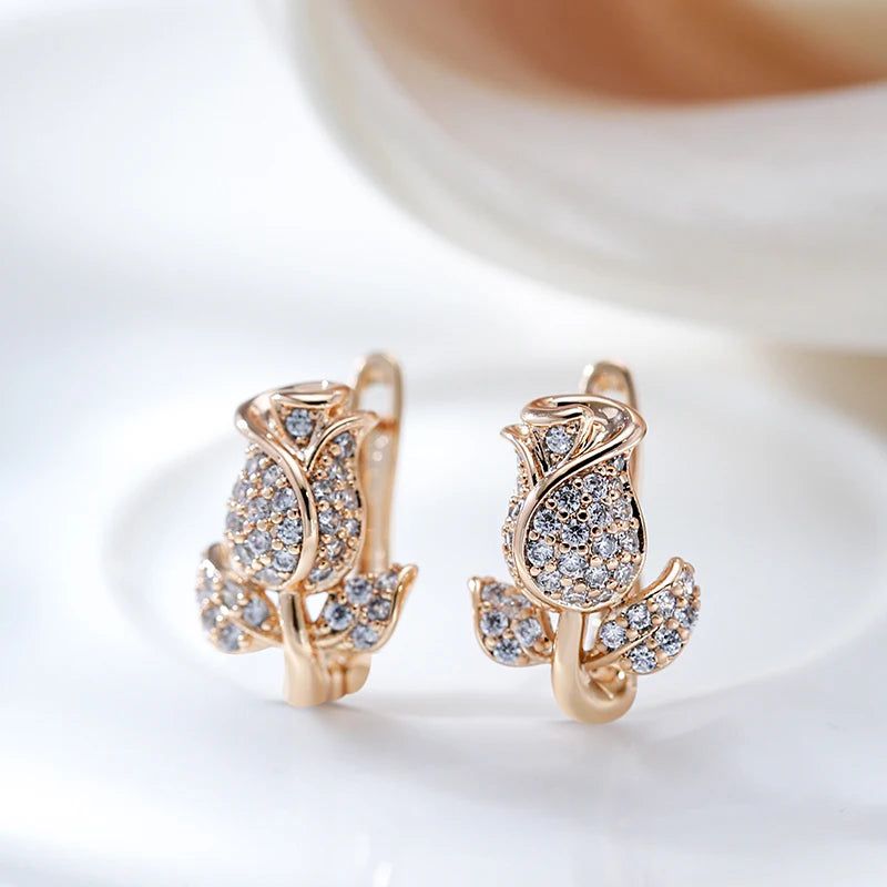 Stylish Vintage Rose Gold Crystal Flower Drop Earrings with Natural Zircon