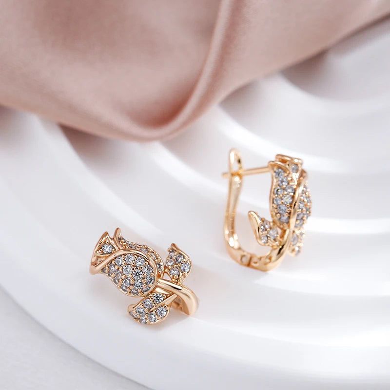 Stylish Vintage Rose Gold Crystal Flower Drop Earrings with Natural Zircon