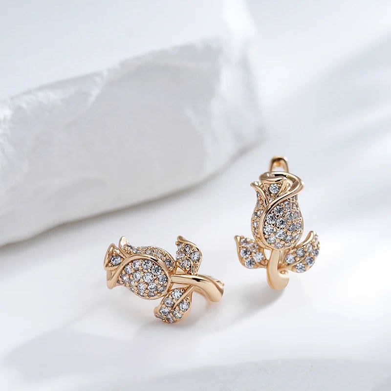 Stylish Vintage Rose Gold Crystal Flower Drop Earrings with Natural Zircon