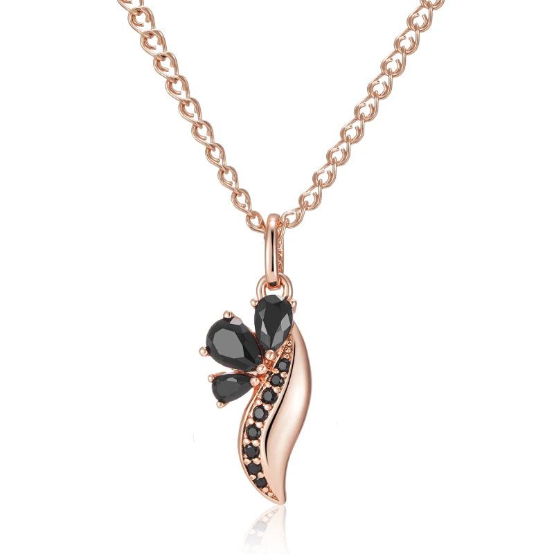 Stylish Vintage Rose Gold Crystal Flower Pendant Necklace with Black Natural Zircon