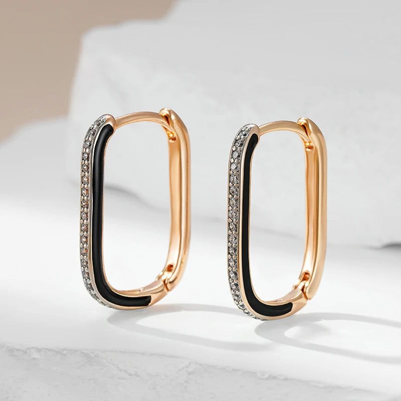 Stylish Vintage Rose Gold and Black Enamel Hoop Earrings with Natural Zircon Accents