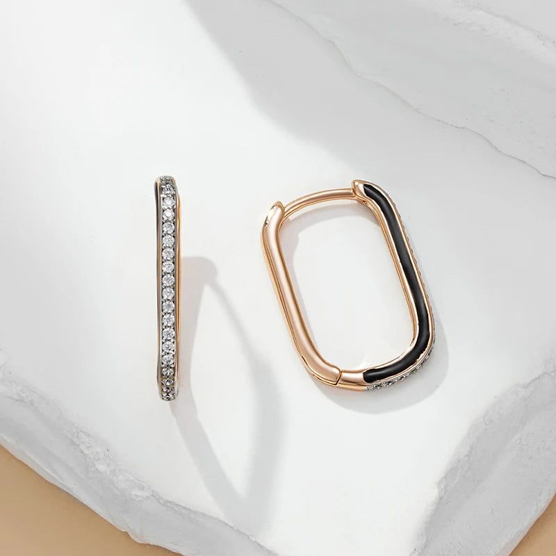 Stylish Vintage Rose Gold and Black Enamel Hoop Earrings with Natural Zircon Accents