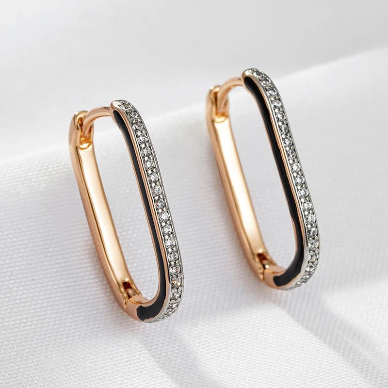 Stylish Vintage Rose Gold and Black Enamel Hoop Earrings with Natural Zircon Accents