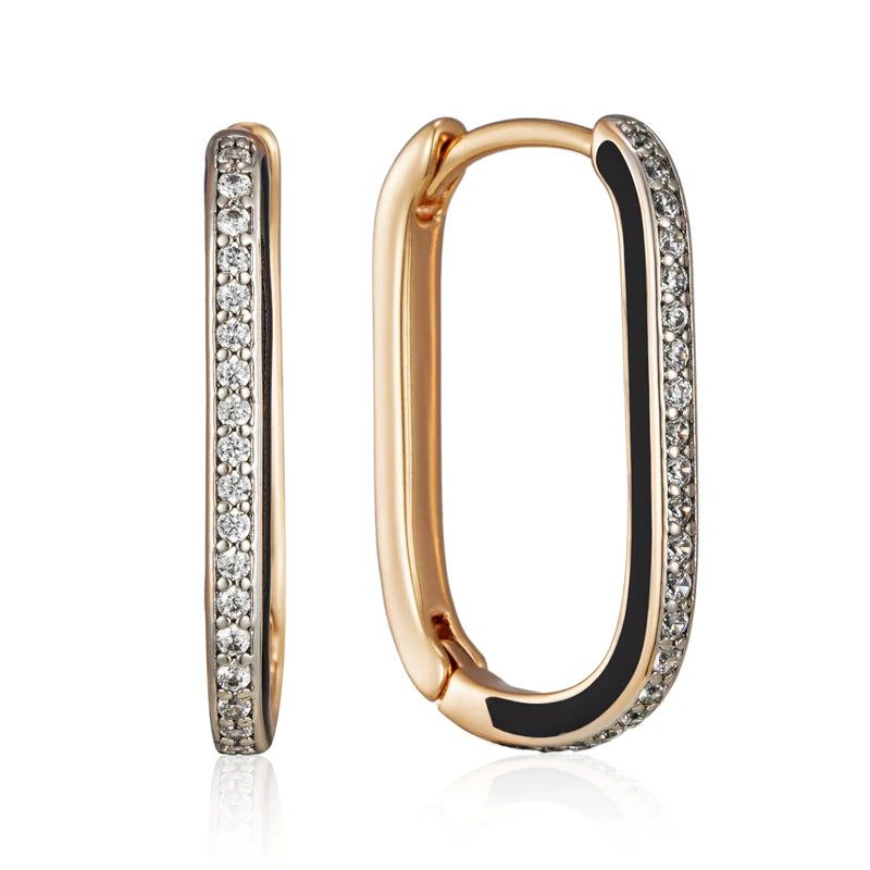 Stylish Vintage Rose Gold and Black Enamel Hoop Earrings with Natural Zircon Accents