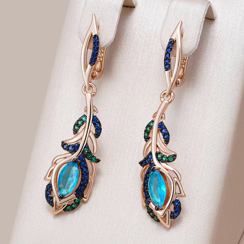 Tasteful Hot Blue Zircon Flower Long Drop Earrings in 585 Rose Gold with Black Plating