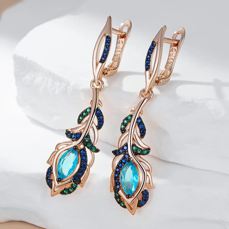 Tasteful Hot Blue Zircon Flower Long Drop Earrings in 585 Rose Gold with Black Plating