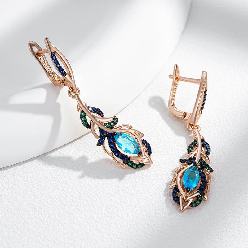 Tasteful Hot Blue Zircon Flower Long Drop Earrings in 585 Rose Gold with Black Plating