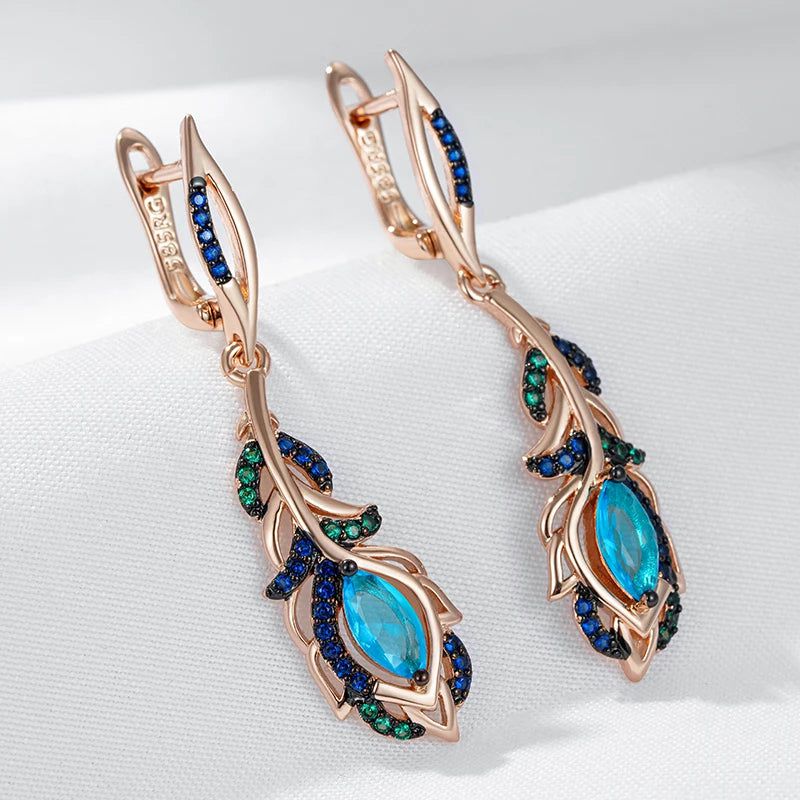 Tasteful Hot Blue Zircon Flower Long Drop Earrings in 585 Rose Gold with Black Plating