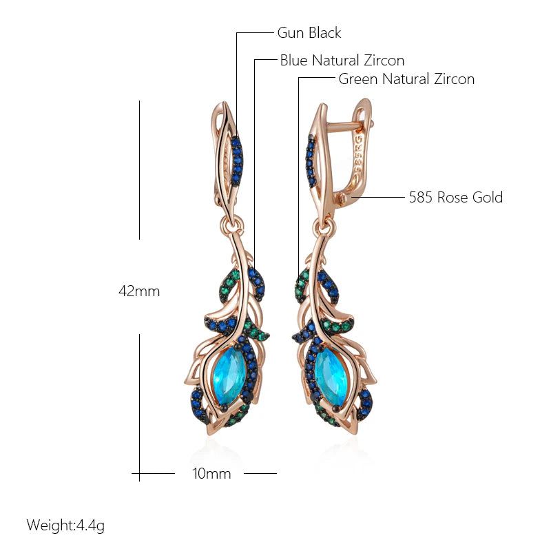 Tasteful Hot Blue Zircon Flower Long Drop Earrings in 585 Rose Gold with Black Plating