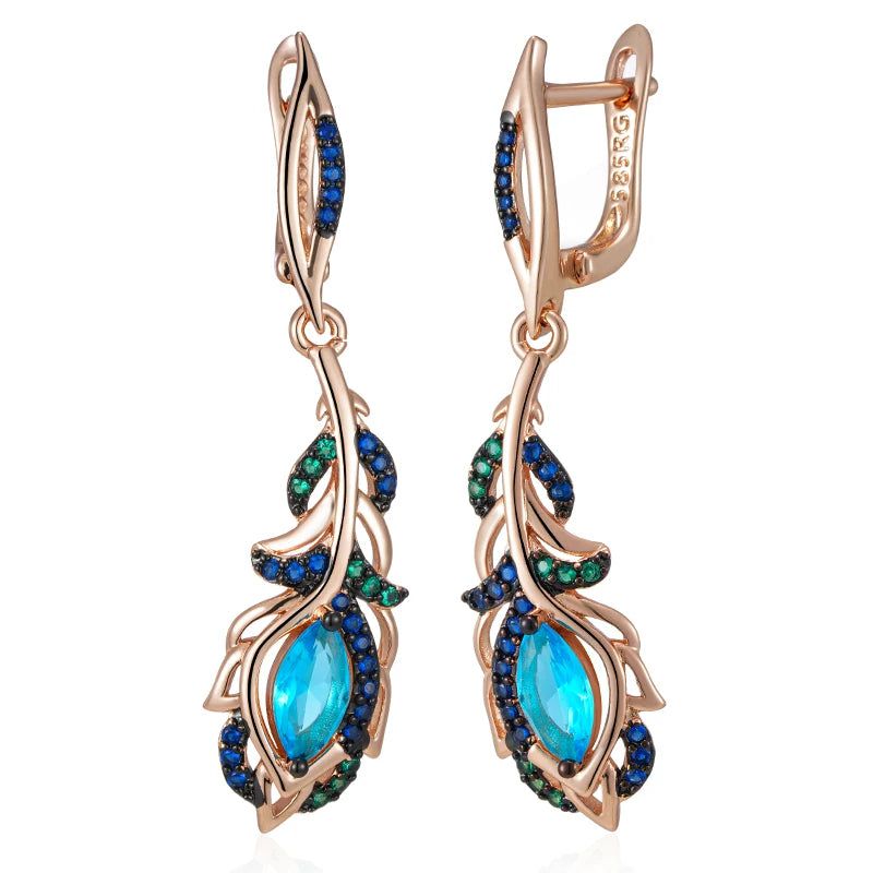 Tasteful Hot Blue Zircon Flower Long Drop Earrings in 585 Rose Gold with Black Plating