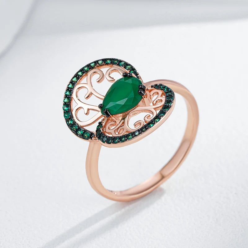 Tasteful Hot Green Zircon Flower Ring in 585 Rose Gold and Black Plating - Vintage Punk Style