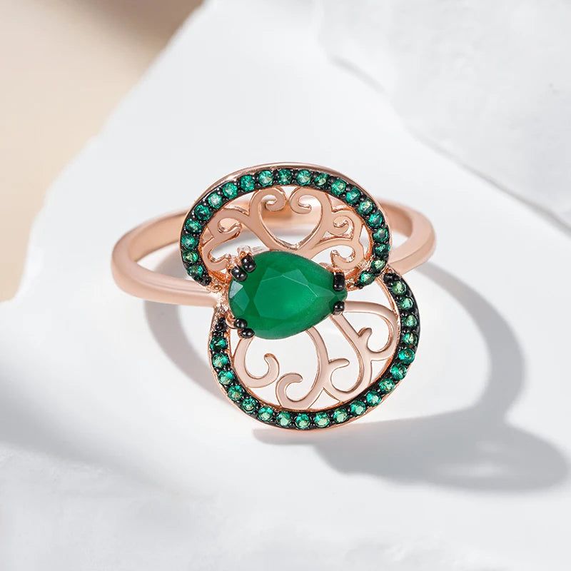 Tasteful Hot Green Zircon Flower Ring in 585 Rose Gold and Black Plating - Vintage Punk Style