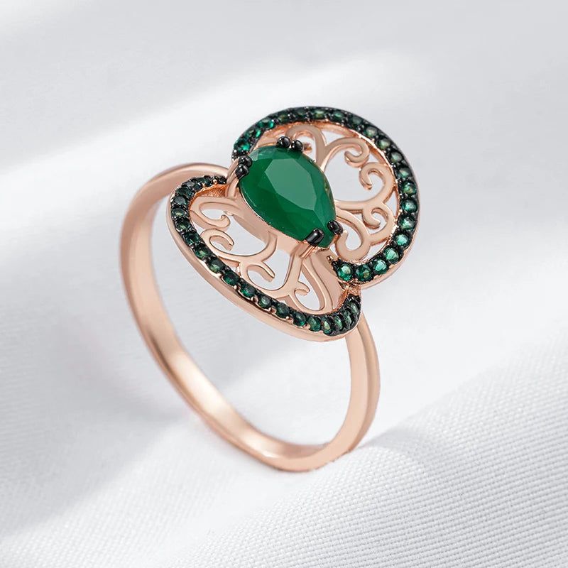 Tasteful Hot Green Zircon Flower Ring in 585 Rose Gold and Black Plating - Vintage Punk Style