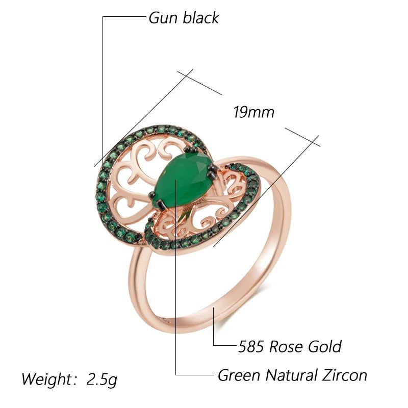 Tasteful Hot Green Zircon Flower Ring in 585 Rose Gold and Black Plating - Vintage Punk Style