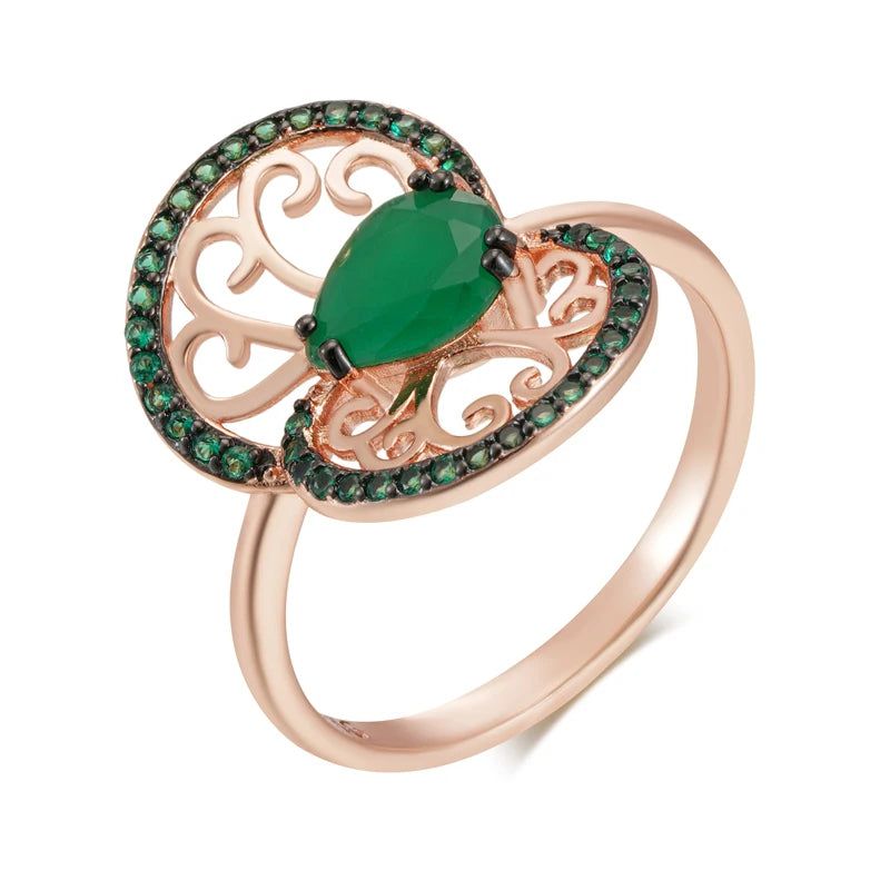 Tasteful Hot Green Zircon Flower Ring in 585 Rose Gold and Black Plating - Vintage Punk Style