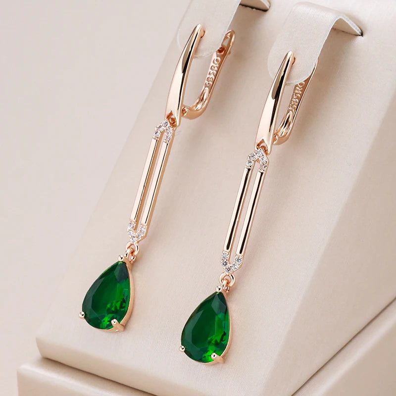 Tasteful Hot Green Zircon Long Drop Earrings in 585 Rose Gold - Chic Water Drop Jewelry