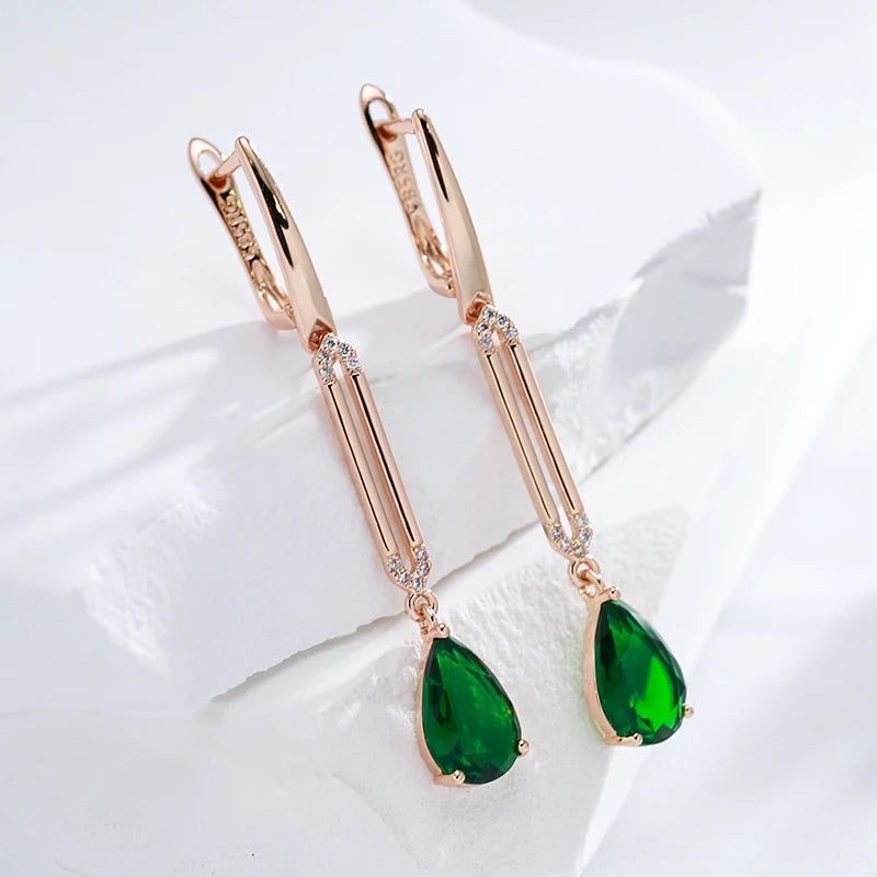 Tasteful Hot Green Zircon Long Drop Earrings in 585 Rose Gold - Chic Water Drop Jewelry