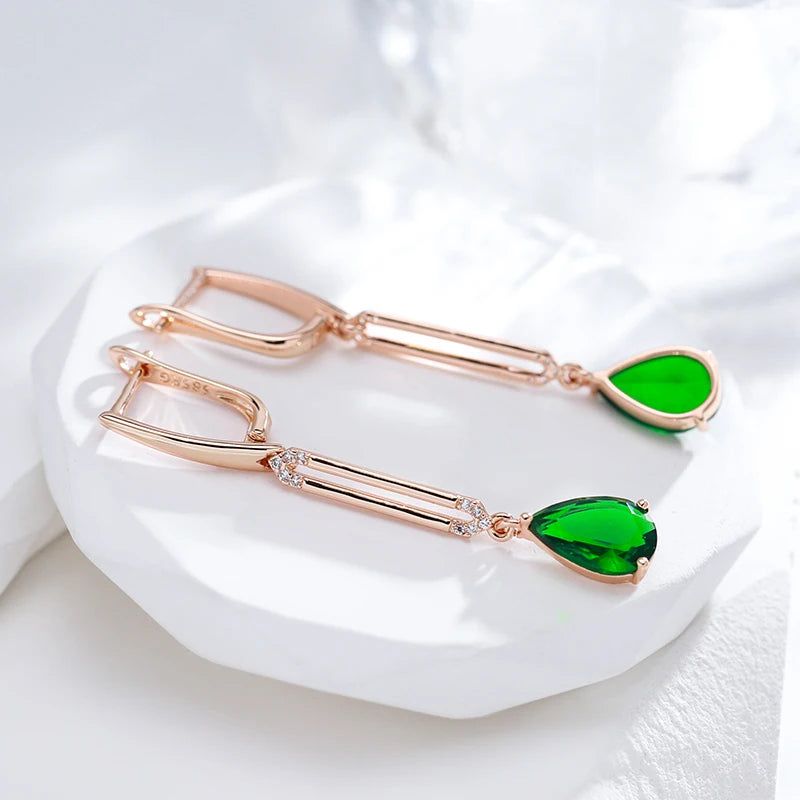 Tasteful Hot Green Zircon Long Drop Earrings in 585 Rose Gold - Chic Water Drop Jewelry