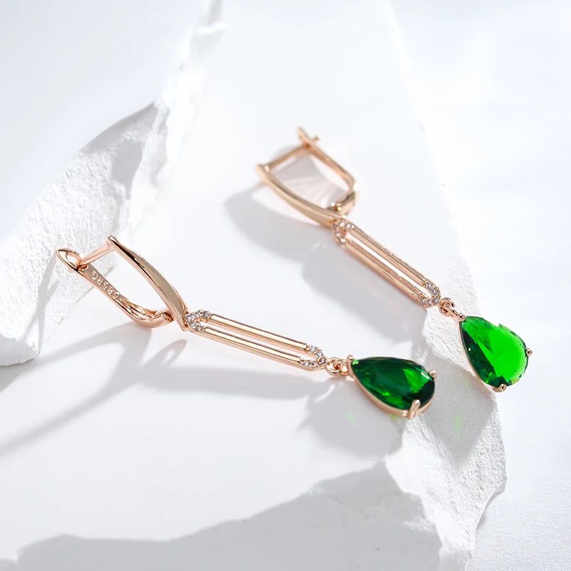 Tasteful Hot Green Zircon Long Drop Earrings in 585 Rose Gold - Chic Water Drop Jewelry