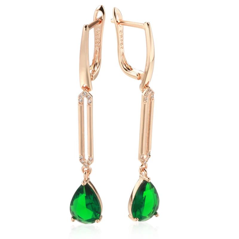 Tasteful Hot Green Zircon Long Drop Earrings in 585 Rose Gold - Chic Water Drop Jewelry