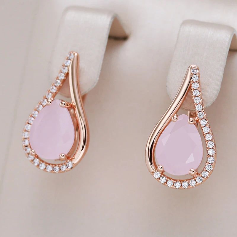 Tasteful Hot Pink Zircon Water Drop Earrings in Luxurious Rose Gold Finish