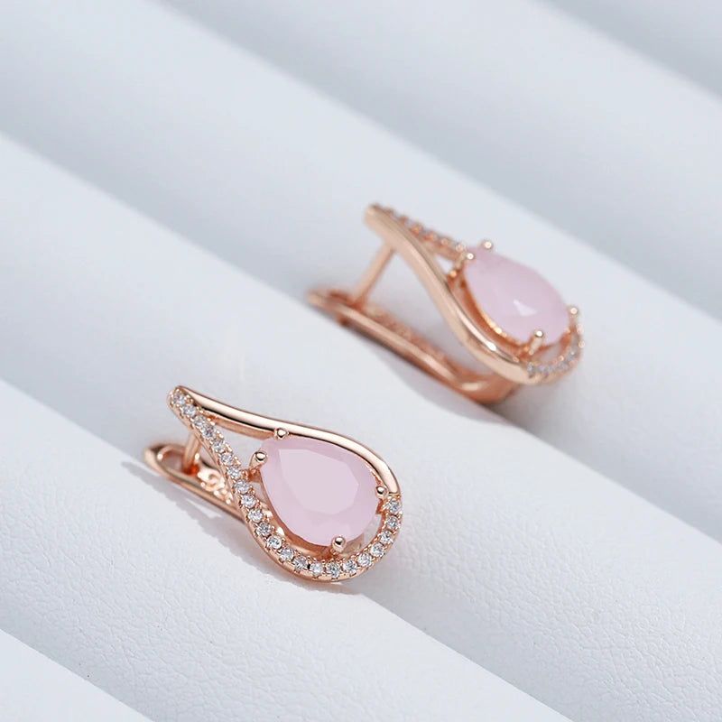 Tasteful Hot Pink Zircon Water Drop Earrings in Luxurious Rose Gold Finish