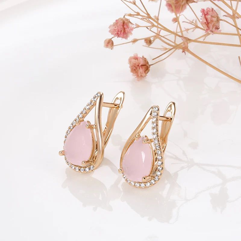 Tasteful Hot Pink Zircon Water Drop Earrings in Luxurious Rose Gold Finish