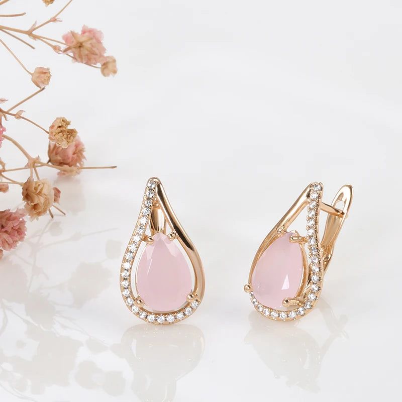 Tasteful Hot Pink Zircon Water Drop Earrings in Luxurious Rose Gold Finish