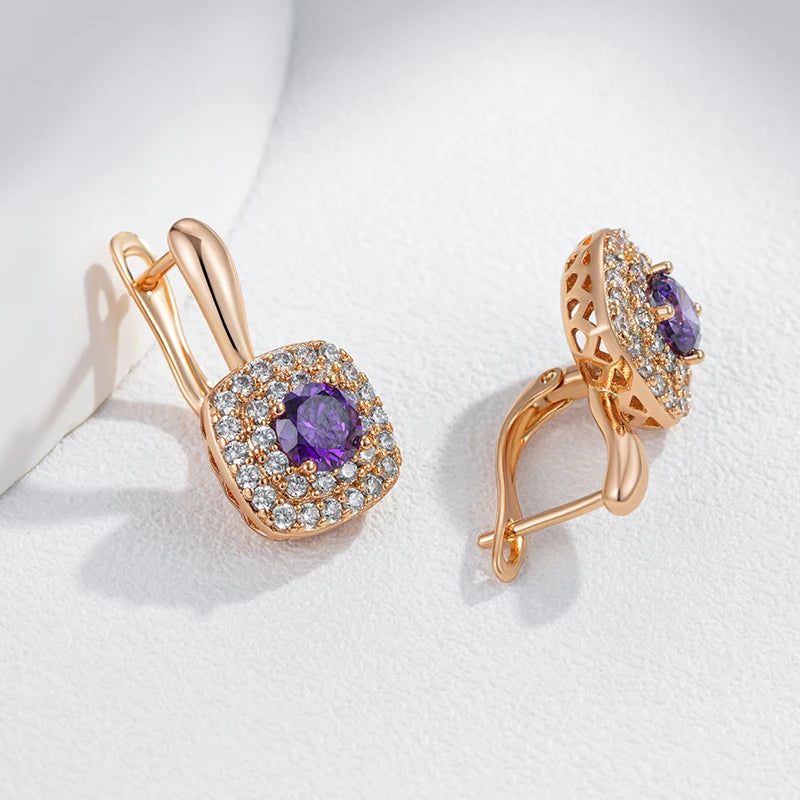 Tasteful Hot Purple Natural Zircon Drop Earrings in 585 Rose Gold Finish